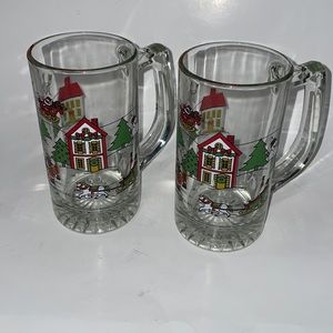 Vintage 1987 Action Industries Tall Glass Christmas Mugs Set of 2
